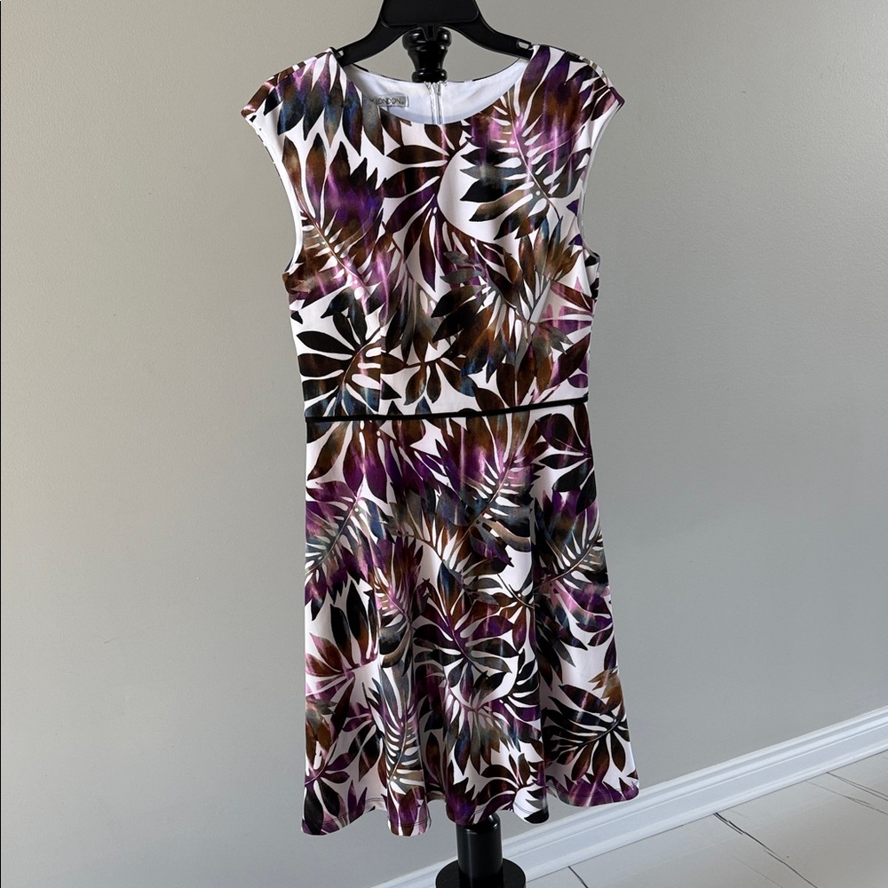 Maggy London Purple and Brown Leaf Print Midi Dress